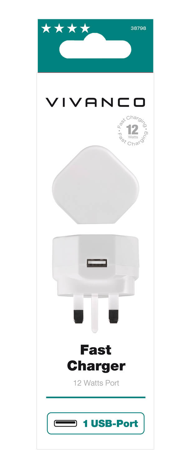 Vivanco USB 12W 2.4A Fast Charger Plug with Smart IC 38798
