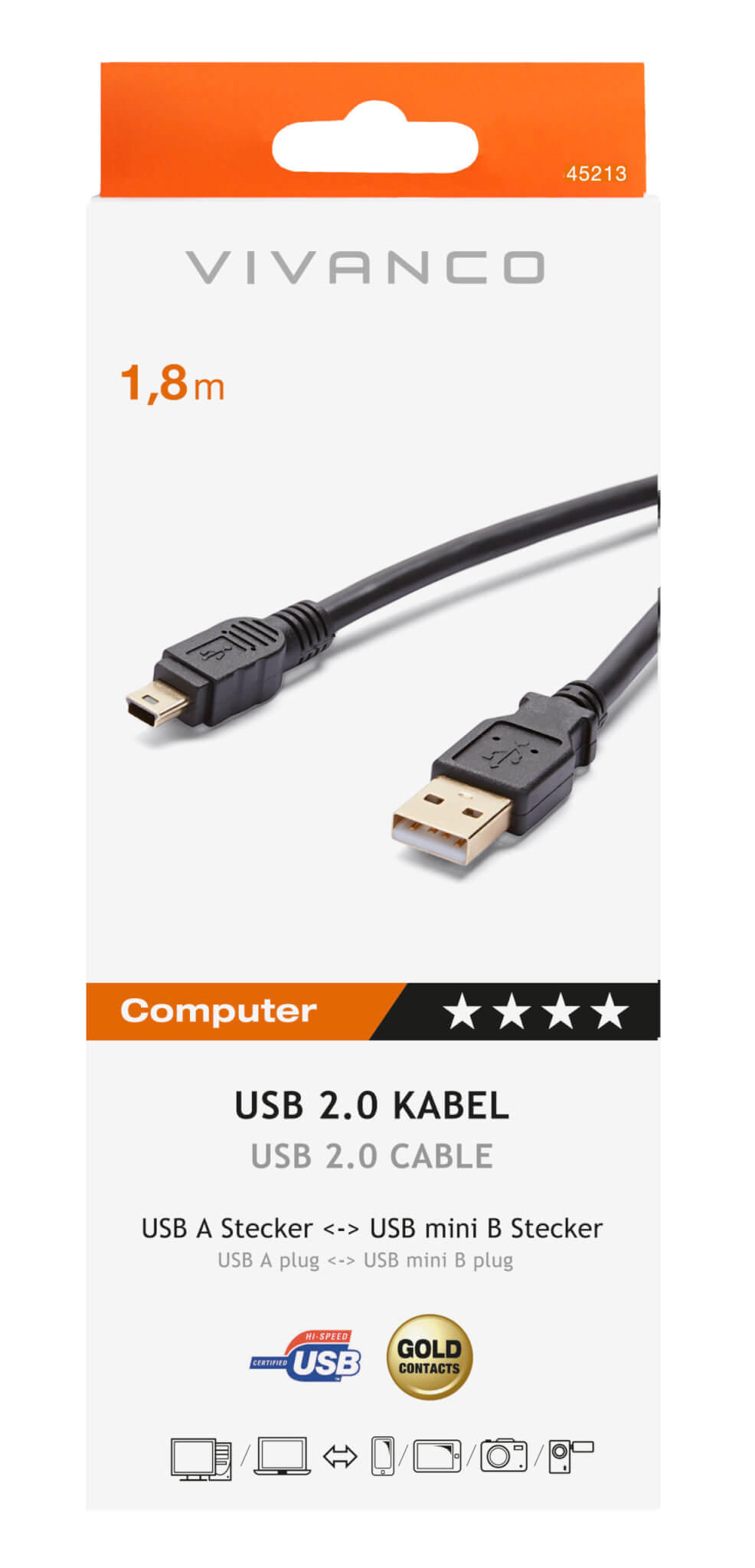 Vivanco USB A Plug to USB Mini B Type Plug Cable Lead USB 2.0 1.8m 45213