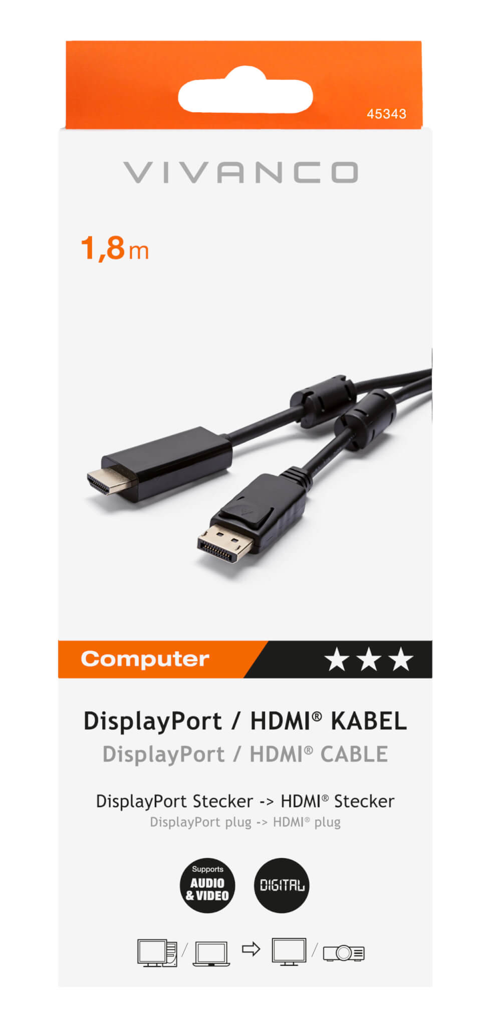 Vivanco Displayport to HDMI Cable 1.8m Display Port 45343