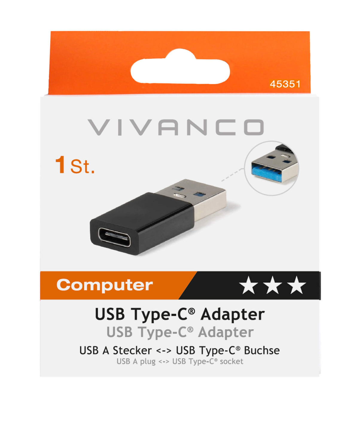 Vivanco USB A Plug To USB Type C Socket Adapter 45351