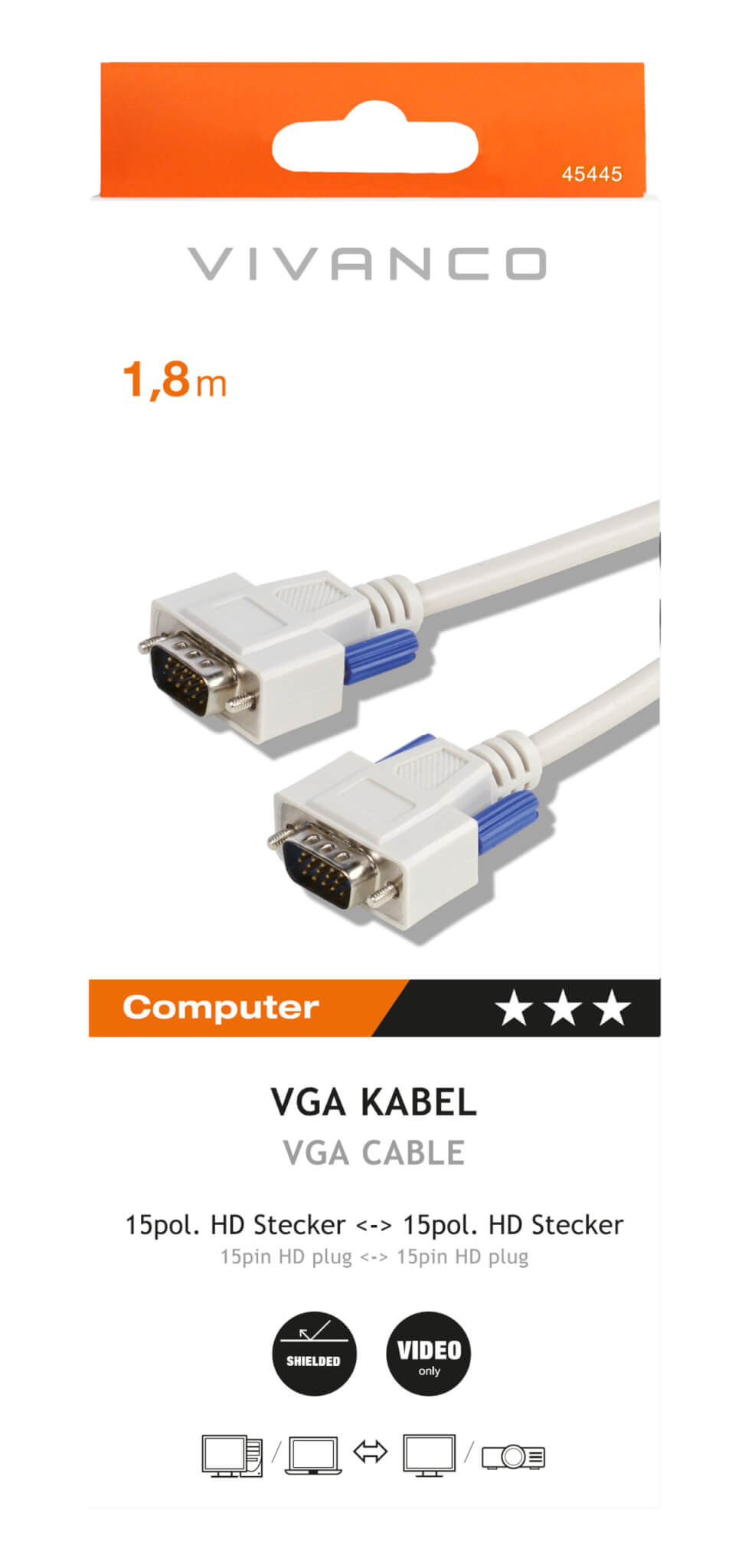 Vivanco SVGA Cable 15pin VGA plug to 15pin VGA Plug 1.8m Monitor Connection 45445