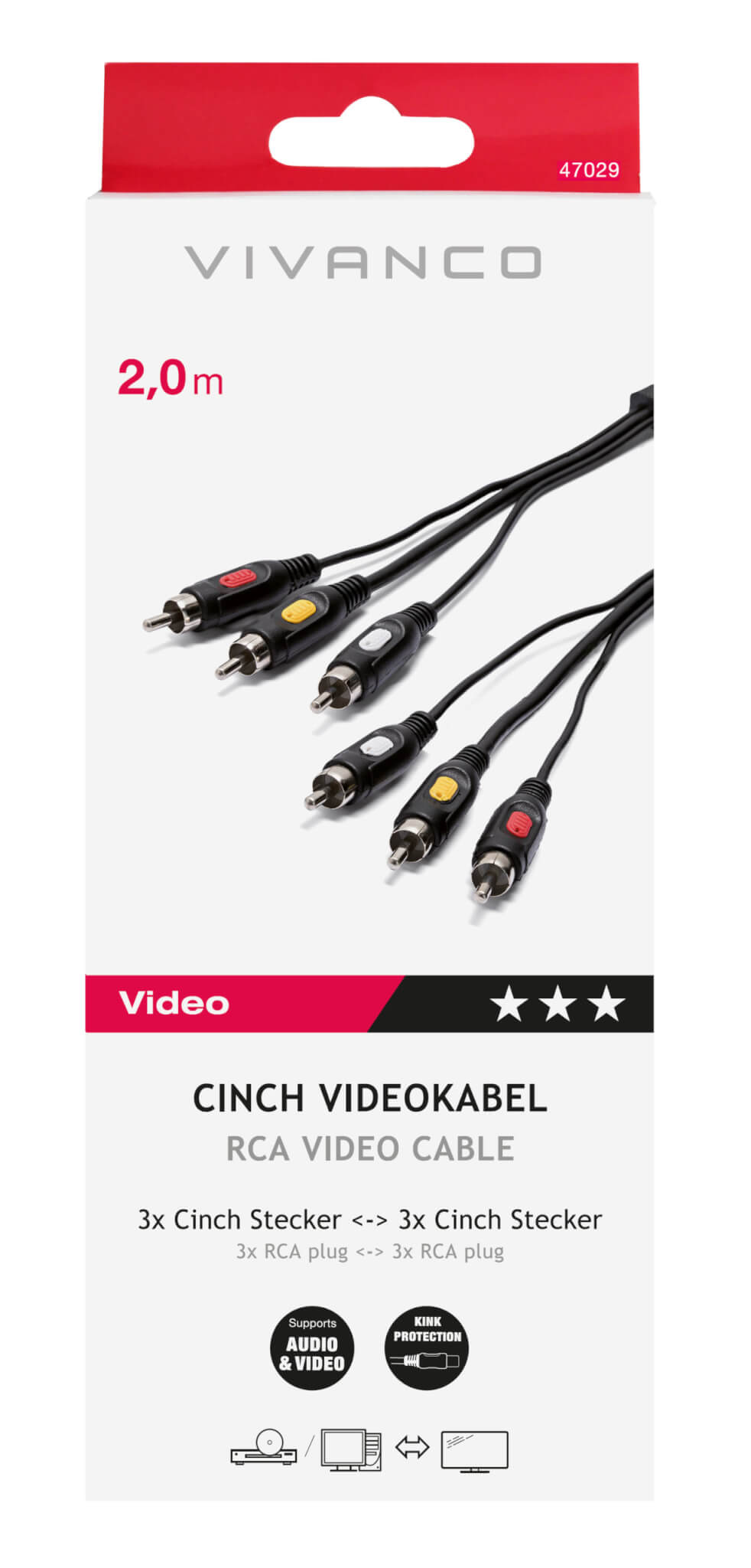 Vivanco 3 x RCA Phono to 3 x RCA Phono Plug Audio / Video Cable 2m 47029