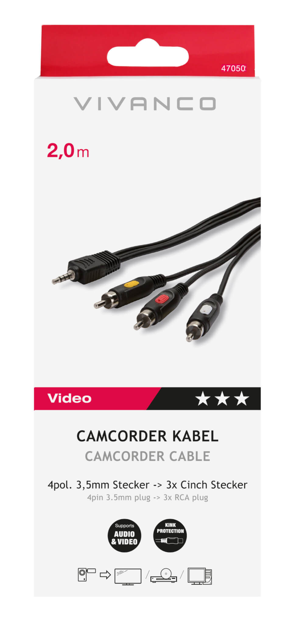 Vivanco 4 Pin 3.5mm Jack Plug to 3 x RCA Audio / Video Phono Plug Cable 2m 47050