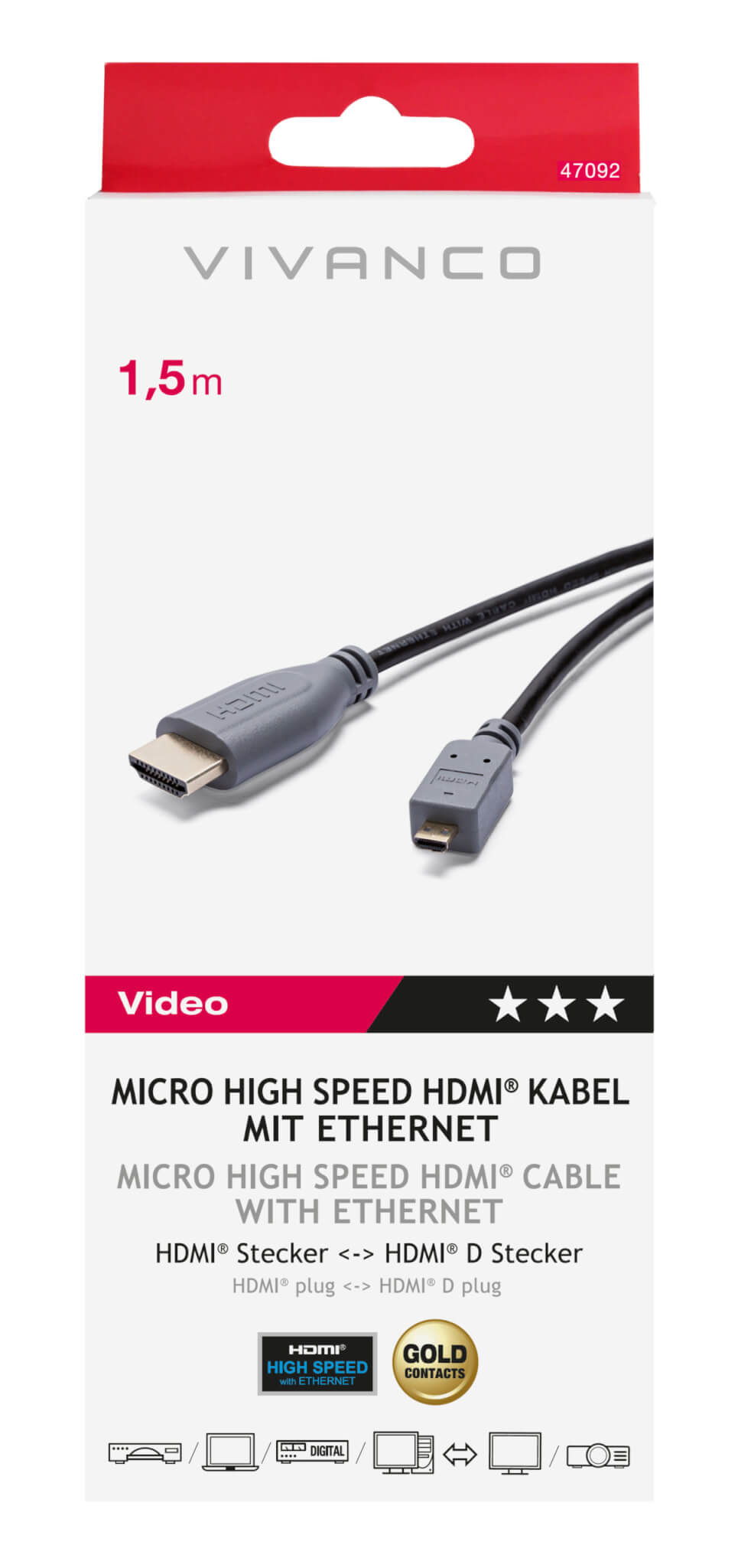 Vivanco HDMI to Micro HDMI High Speed Cable 1.5m 47092 HDMI - HDMI D