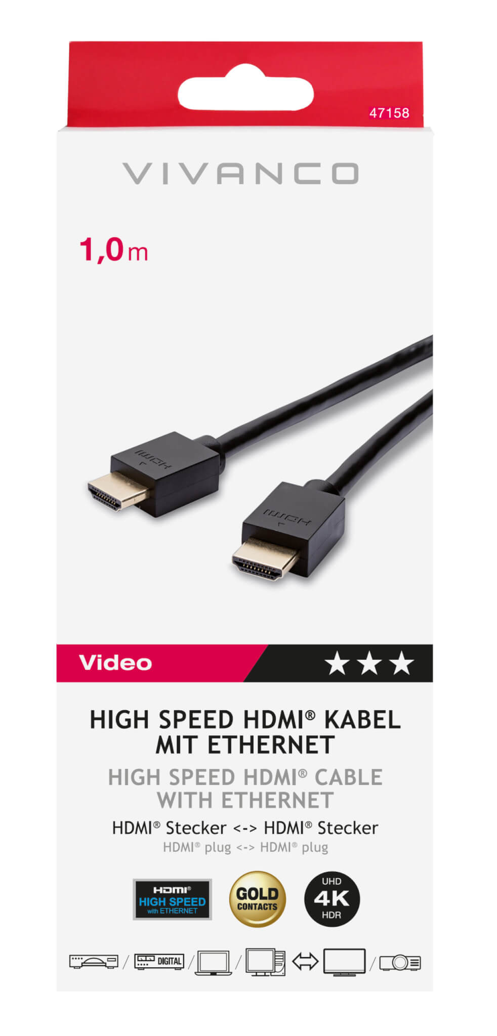 Vivanco High Speed HDMI to HDMI Cable With Ethernet 1m 47158 1 Metre