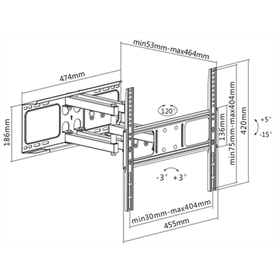 Deltaco ARM1202 Full Motion 3-way TV Wall Mount Bracket 32"-55" Media Wall Black