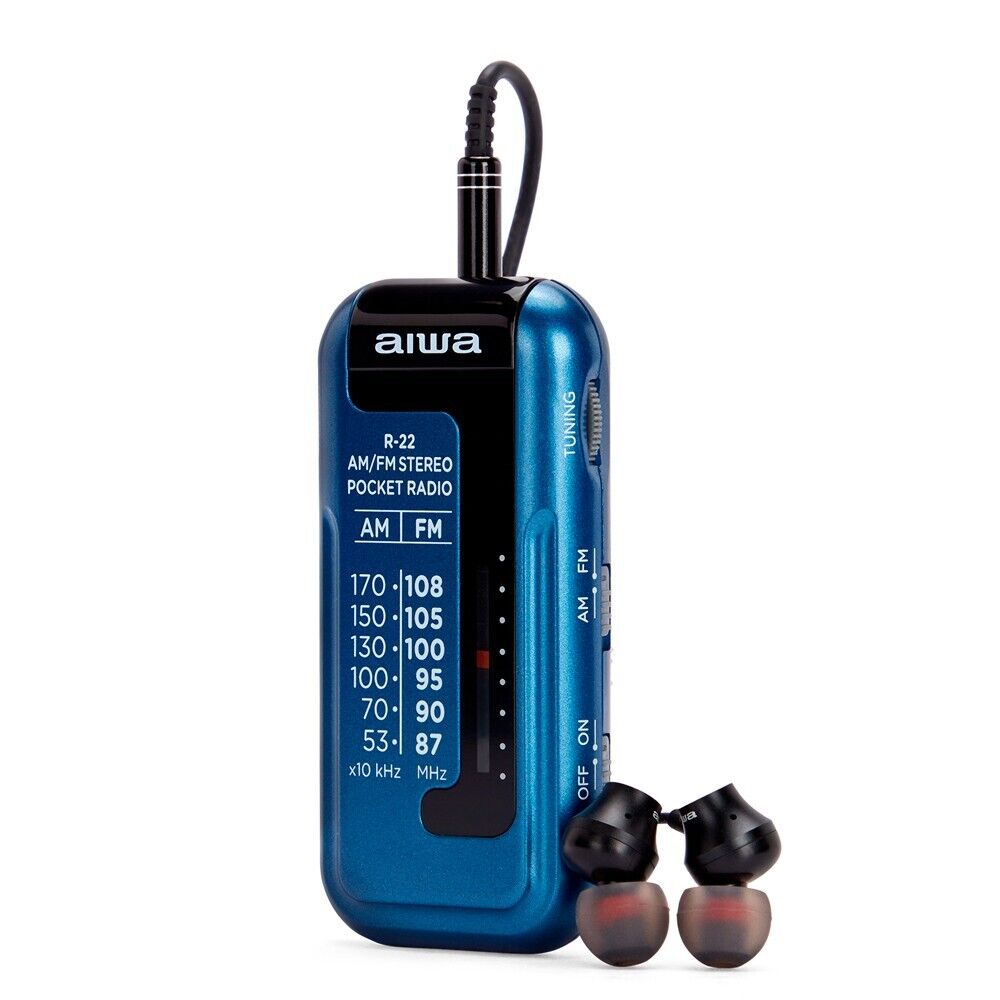 Aiwa R22BL FM/AM Portable Pocket Radio with Headphones Blue