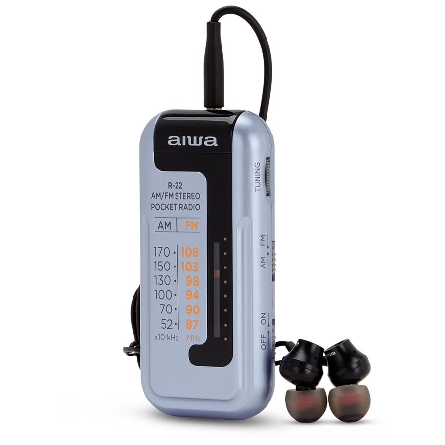 Aiwa R22SL FM/AM Portable Pocket Radio with Headphones Silver