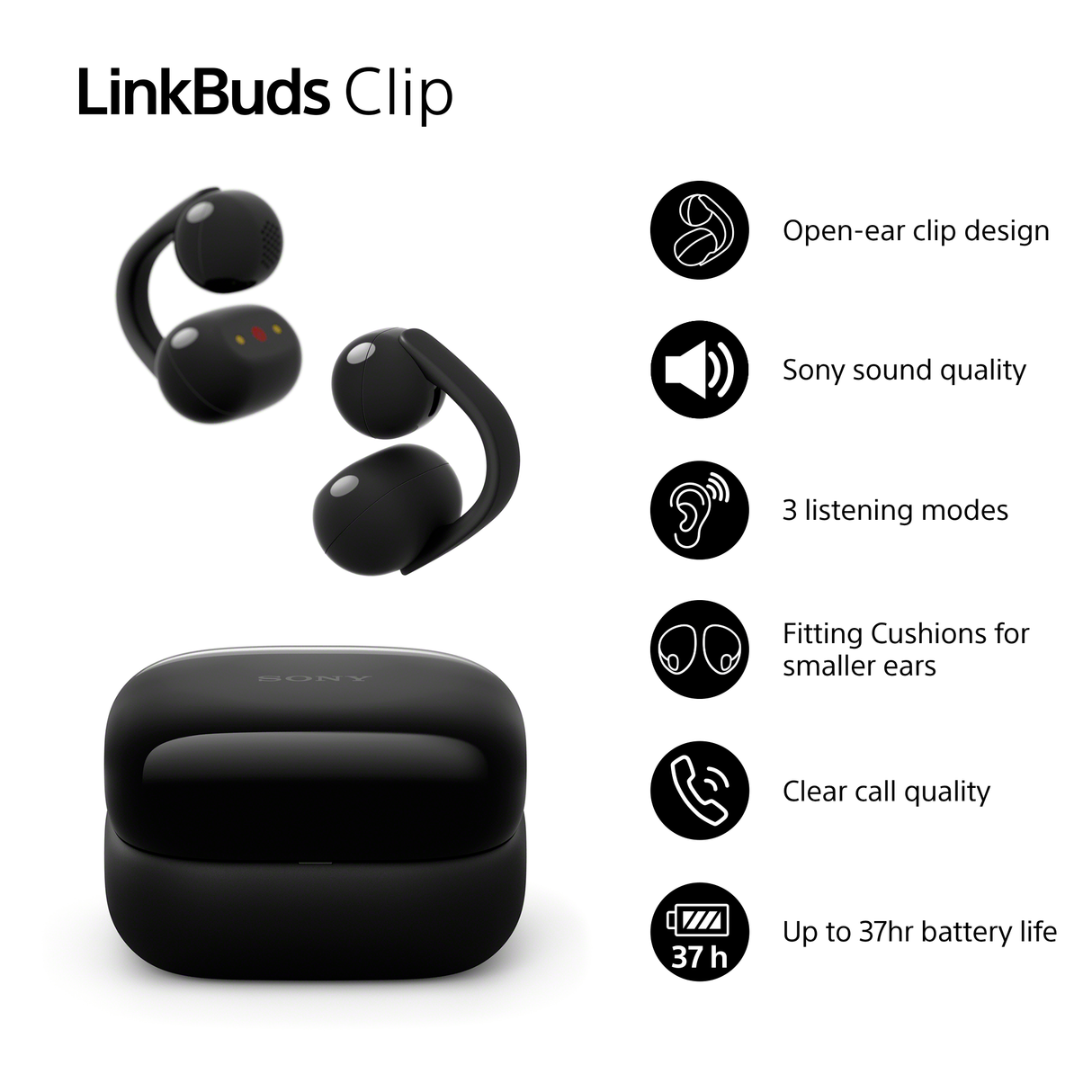 Sony Linkbuds Clip Bluetooth Open Ear Earbuds Headphones WFLC900B Black