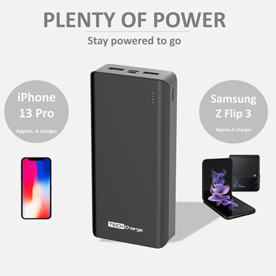TechCharge Tripleport 20,000 Ma Portable USB Power Bank Charger for Phones and USB Devices