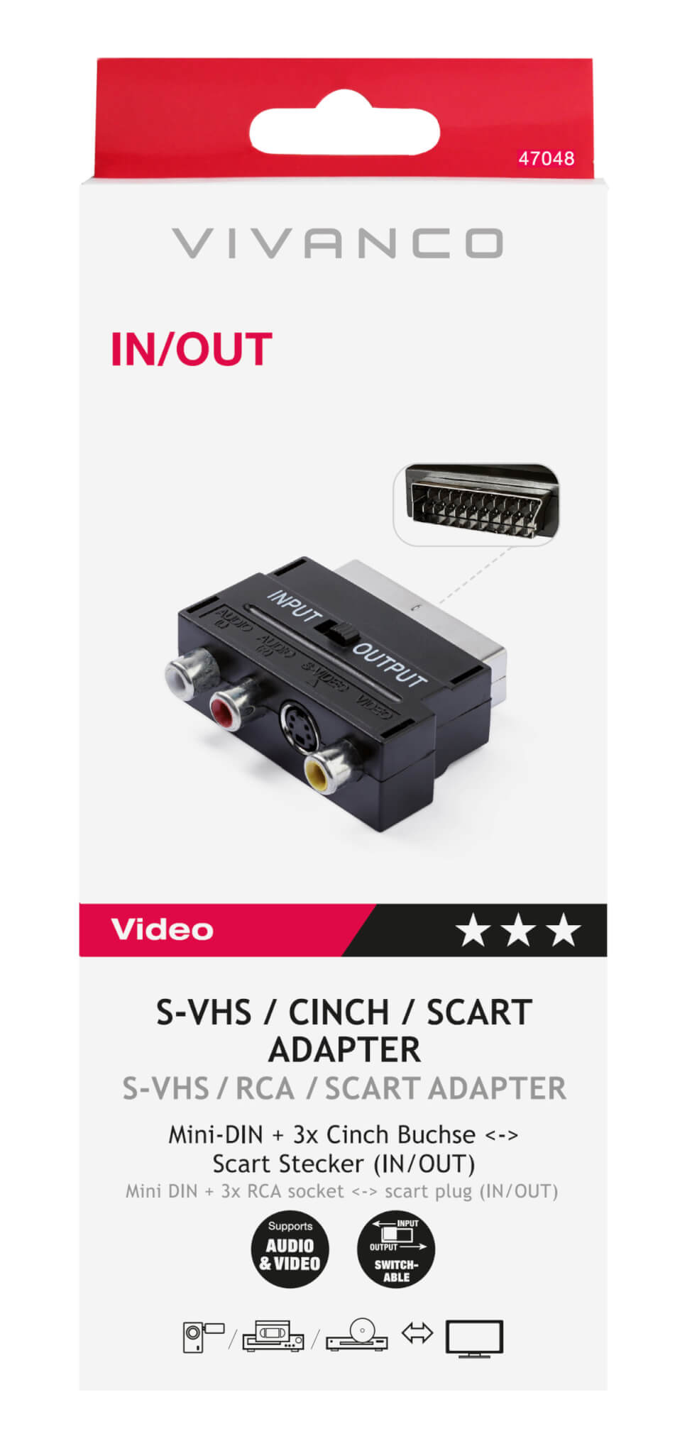 Vivanco Scart to 3 x RCA Phono / S-VHS Adapter Block 47048