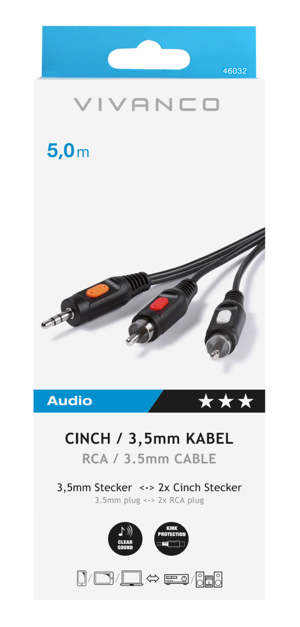 Vivanco 3.5mm Jack Plug to 2 x RCA Audio Phono Plug Cable 5m 47032