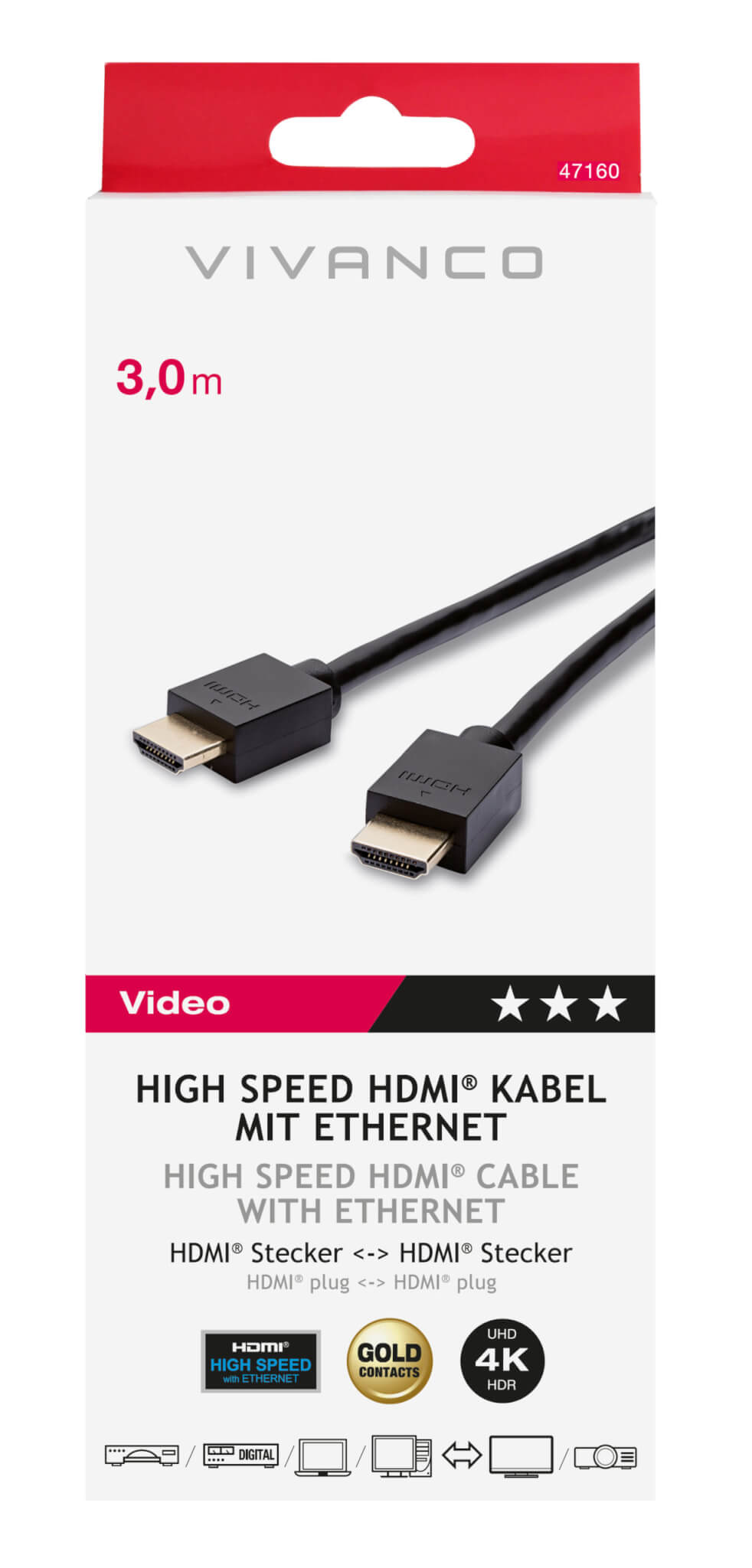Vivanco High Speed HDMI to HDMI Cable With Ethernet 3m 47160 3 Metre