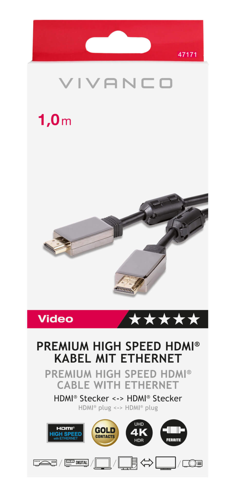 Vivanco Premium High Speed Certified HDMI to HDMI Cable With Ethernet 1m  47171