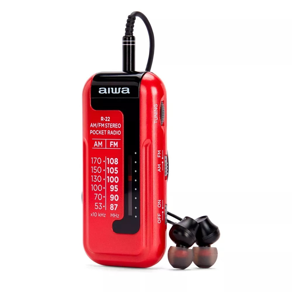 Aiwa R22SR FM/AM Portable Pocket Radio with Headphones Red