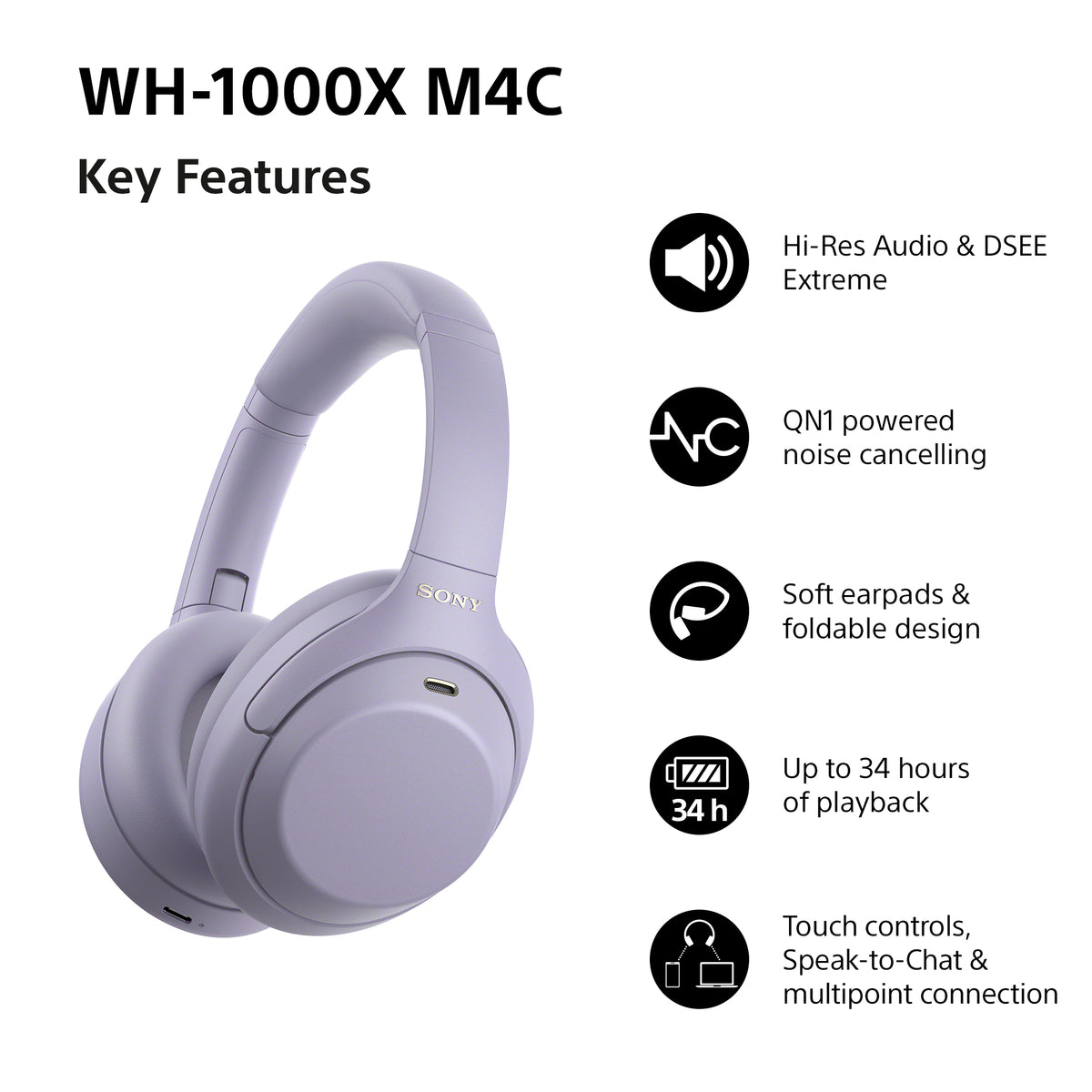 Sony WH-1000XM4CV Wireless Noise Cancelling Headphones Lavender WH1000XM4CV